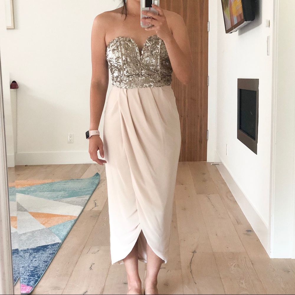 Gold sequin and chiffon dress